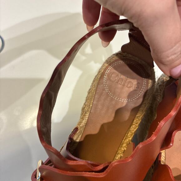 Chloé Brown Lauren Scalloped Leather Espadrille Wedge Sandals Sz 40 - Picture 11 of 13